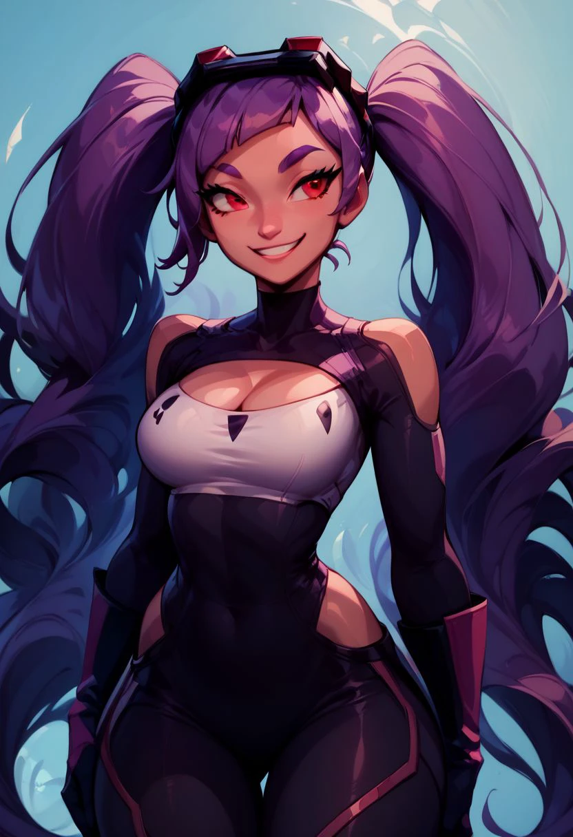 score_9, score_8_up, score_8, big breasts, (curvy), cute, eyelashes, 
BREAK, 
zzEntrapta, red eyes, purple hair, long hair, twintails, very long hair, gloves, bodysuit, goggles on head, large breasts, cleavage, clothing cutout,
cowboy shot, smile, smug, hand on hip, wide hips, 
BREAK, 
zPDXL, Expressiveh p4st3lg0r3