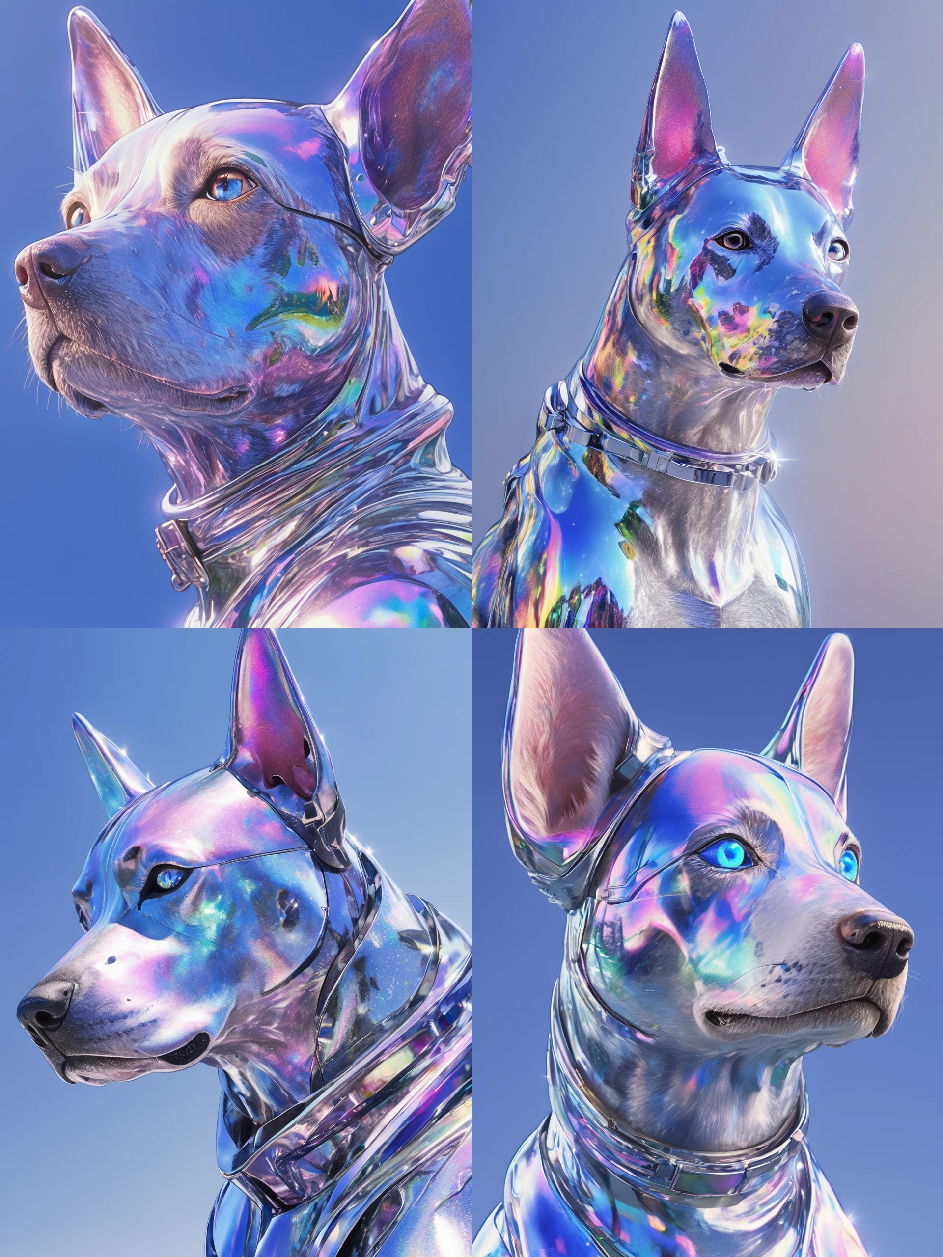 A white dog wearing a shiny, futuristic spacesuit gazes upward with a look of wonder in its bright blue eyes. The suit reflects iridescent hues, creating a rainbow-like effect on its surface. The dog's ears are pink and slightly transparent, adding to the ethereal quality of the image. The background is a solid blue, complementing the dog's spacesuit and giving the scene a dreamy, otherworldly,
ddpapa,<lora:Detail_Adamov_V1:0.7>,, masterpiece, best quality,