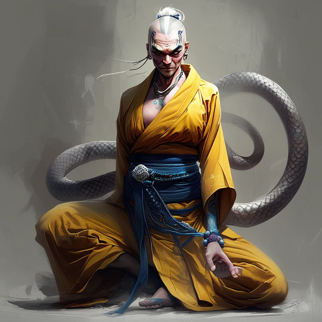 artsnkmnk, concept character, illustration, breast slip, ring, squatting, anklet, male focus, bracelet, no bra, prayer beads, smile, blue eyes, facial tattoo, kimono, white hair