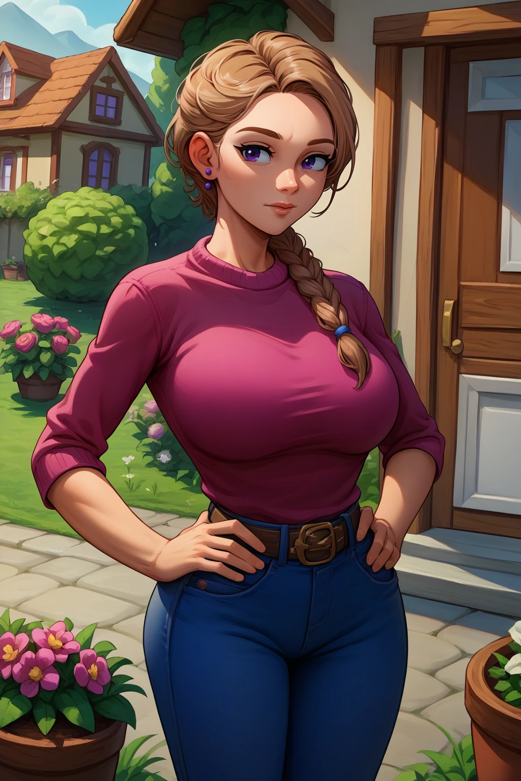 score_9, score_8_up, 1girl, solo <lora:NSJodiStardew:1> NSJodiStardew, light brown hair, purple eyes, single braid, stud earrings, make-up, make-up, pink sweater, jeans, belt, mature, hands on hips, house, outdoors, spring, flower pots