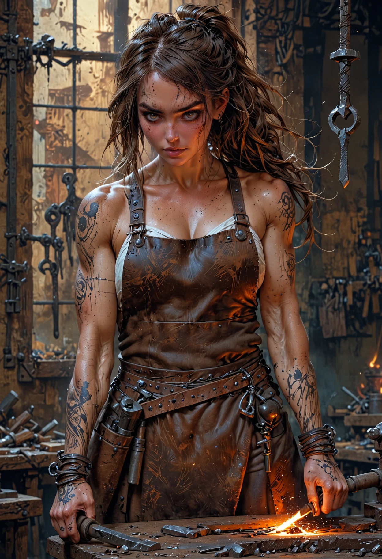 1girl, (solo:1.1), woman, blacksmith, black hearts, brown hair, long hair, tied hair, cleavage, blush, leather apron, focused, hammer and anvil, tool belt, forge background, tattoos, perfect anatomy, approaching perfection, dynamic, highly detailed, smooth, sharp focus, art by Carne Griffiths and Wadim Kashin, trending on artstation, sharp focus, intricate details, highly detailed, by greg rutkowski, mysterious, epic, cinematic, digital art, 4k, <lora:EpicF4nta5yXL:1>