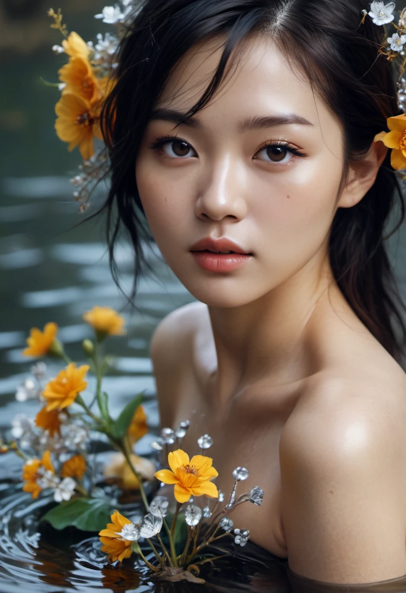 a beautifu Korean girl, flowers made ofcrystal and amber and silver, water, fashion editorial, photorealistic, close-up, highly detailed, cinemascope, moody, epic, gorgeous, film grain