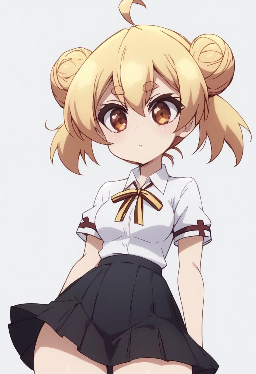 score_9, score_8_up, score_8, medium breasts, (curvy), cute, eyelashes,       
zzgakumazawatatsuko, bangs, blonde hair, hair between eyes, brown eyes, ahoge, hair bun, double bun, thick eyebrows, school uniform, neck ribbon, white shirt, collared shirt, short sleeves, black skirt, , zPDXL, p4st3lg0r3