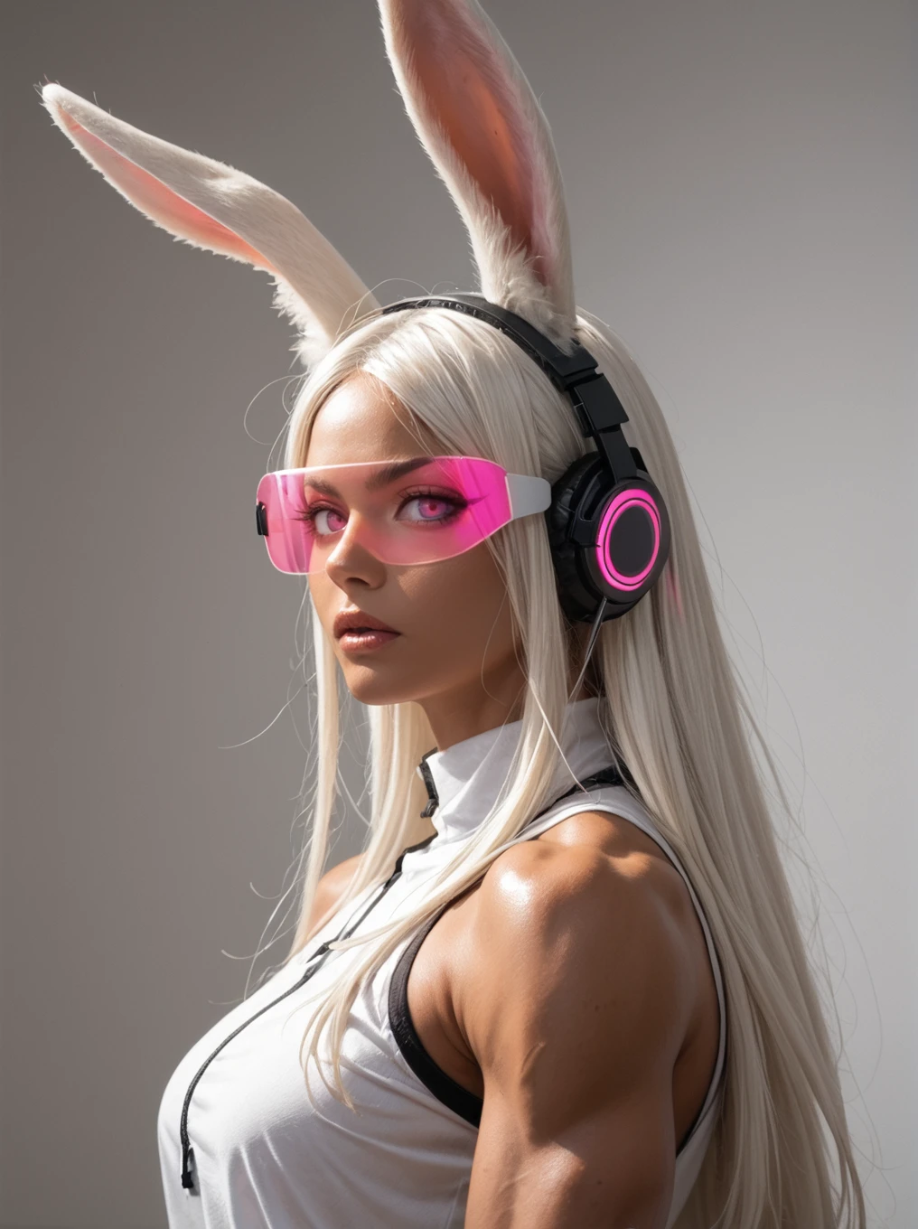 from side, 1girlrumi usagiyama, long hair, animal ears, white hair, dark skin, rabbit ears, dark-skinned female, muscular, rabbit girl, muscular female, parted bangs,expressionless,pink visor,glowing visor,headphones ,wire,standing , (empty eyes, pink eyes, no pupils), open mouth, anime screencap, looking at the viewer, (raw,score_8_up),photo, raw,realistic