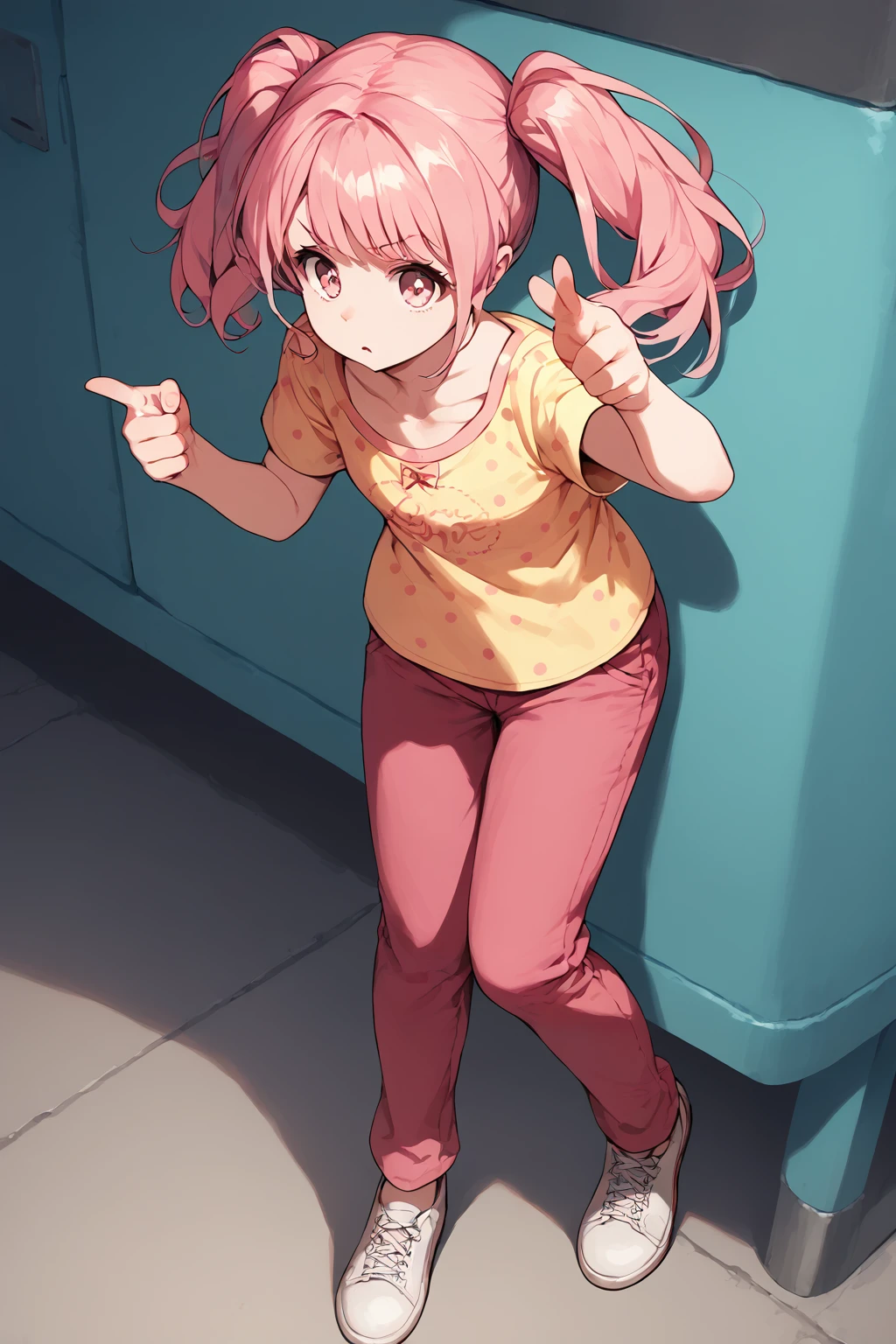 Momovelia Deviluk、A pink-haired、a purple eye、shorth hair、Sports Warehouse、お漏らし、Blushing and crying、Touching the crotch、Dark blue shorts、White shirt is wet and see-through、