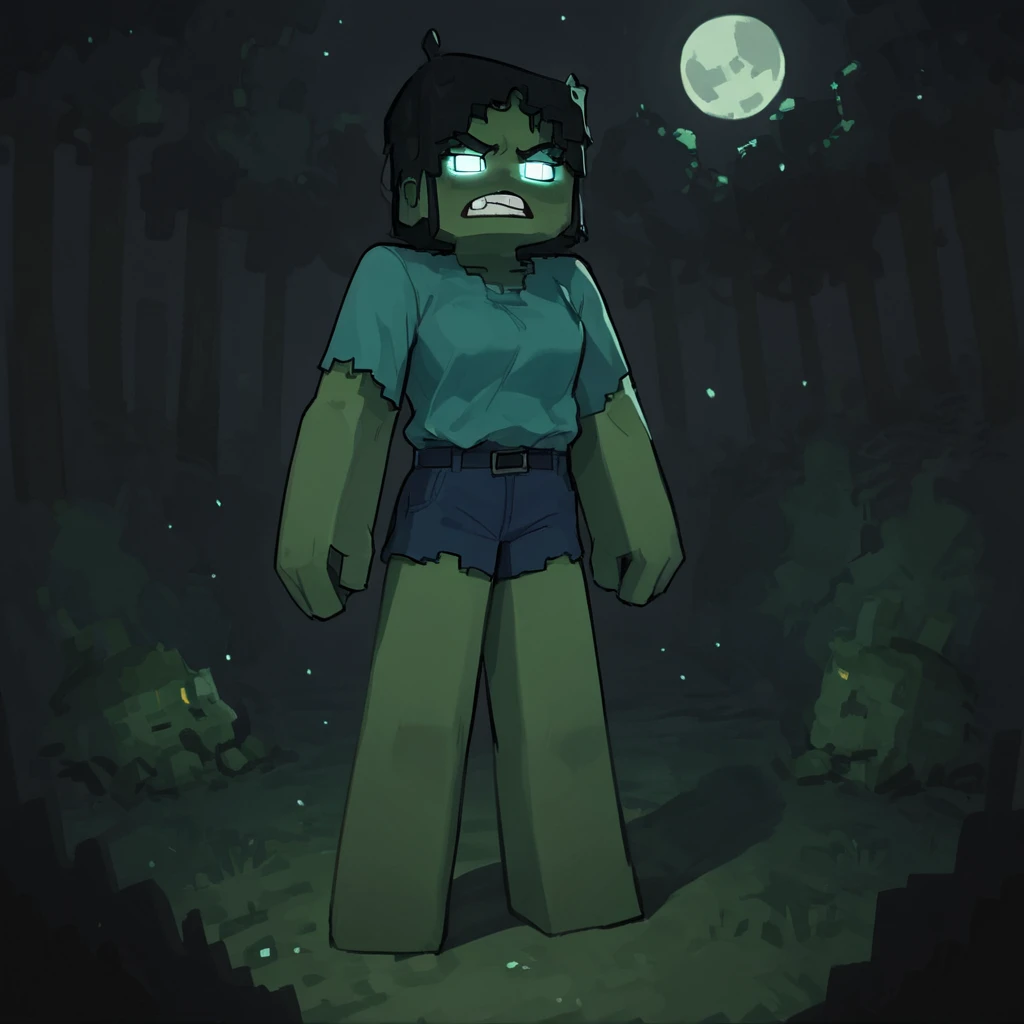 score_9, score_8_up, score_7_up, score_6_up, score_5_up, score_4_up, source_anime,  mcZombie, minecraft, forest, darkness, horrot theme, glowing eyes, angry, midnight, full moon