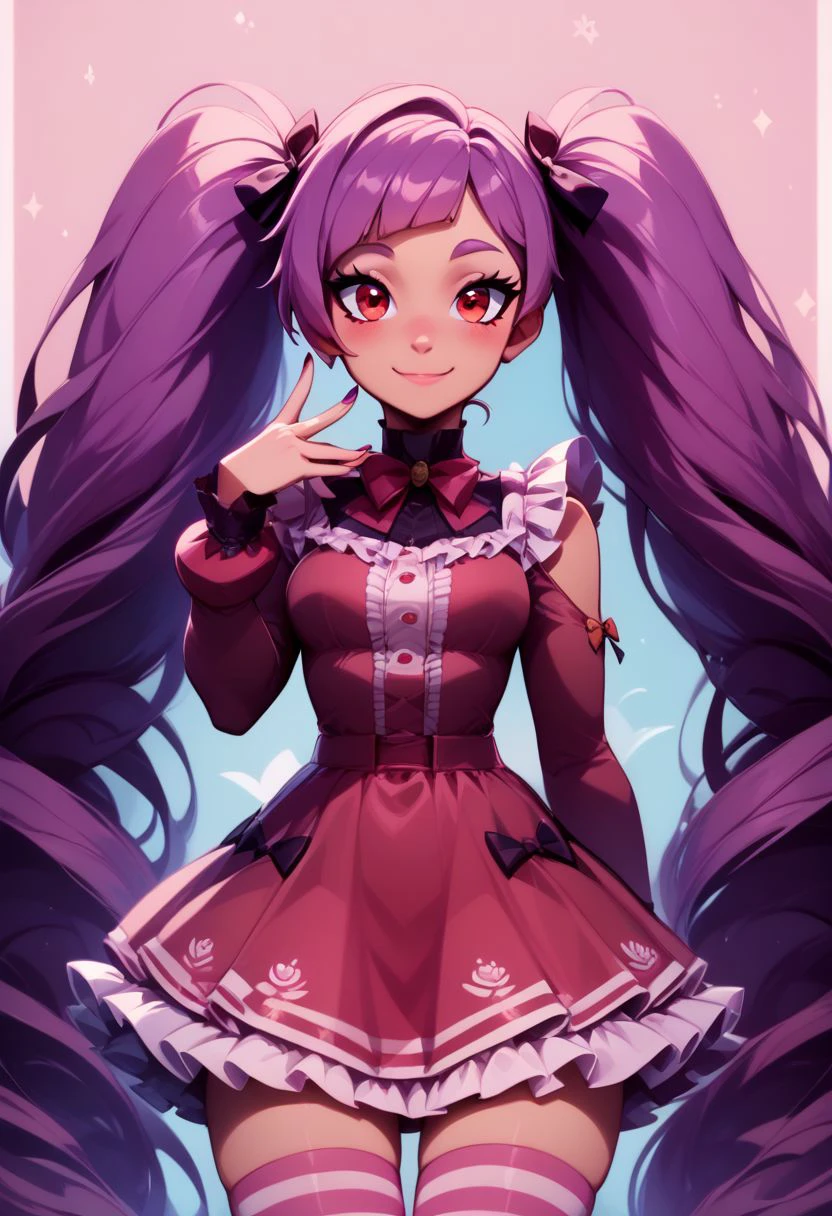 score_9, score_8_up, score_8, medium breasts, (curvy), cute, eyelashes,     
BREAK,
zzEntrapta, red eyes, purple hair, long hair, twintails, very long hair,
BREAK,
 closed mouth, alternate costume, smile, nail polish, looking at viewer, hand up, blush, 
zzLFashion, frilled dress, frills, bow, dress, striped thighhighs, sweetL, 
zPDXL,