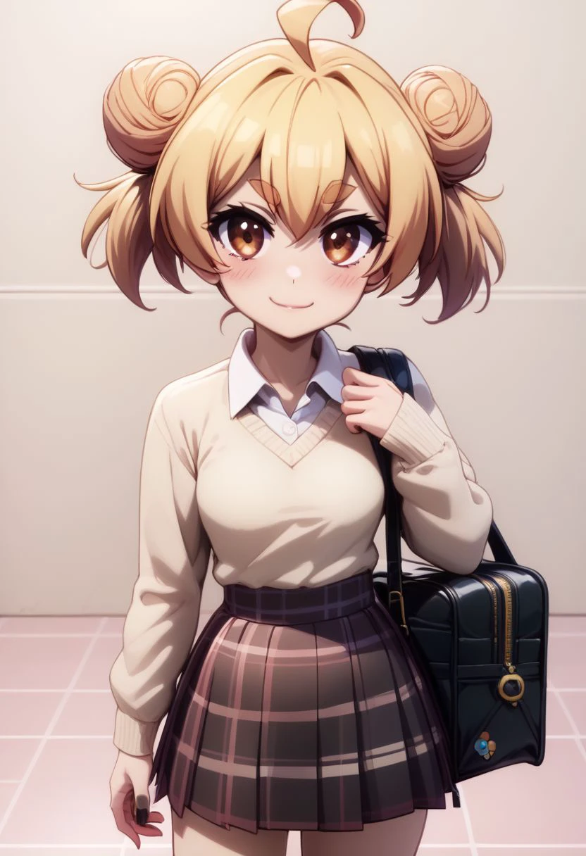 score_9, score_8_up, score_8, medium breasts, (curvy), cute, eyelashes,     
BREAK,
zzgakumazawatatsuko, bangs, blonde hair, hair between eyes, brown eyes, ahoge, hair bun, double bun, thick eyebrows,
BREAK,
 closed mouth, alternate costume, smile, nail polish, looking at viewer, hand up, collared shirt, blush, sweater, black skirt, black nails, eyelashes, long sleeves, sleeves past wrists, plaid skirt, shoulder bag, black bag, blurry, tile floor, pleated skirt, white shirt,
zPDXL,