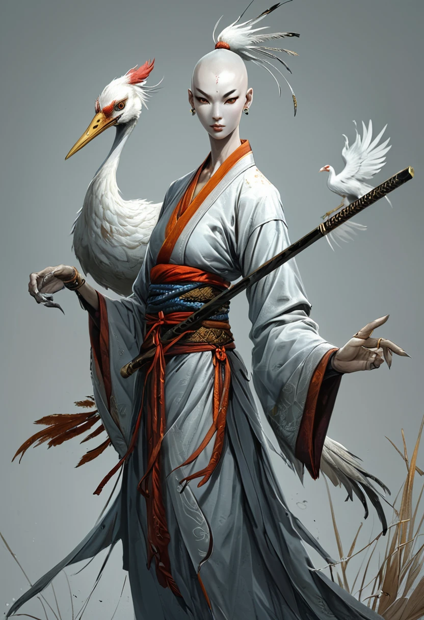 <lora:artfullyCRANEMONK_SDXL_v1:1>, artcrnmnk, character concept, illustration, crane master, monk, 
masterpiece, intricately detailed, best quality, highest resolution, normal fingers, 
grey background, sword, bald, long fingernails, crack, eyeshadow, illustration, chicken, chinese clothes, no humans