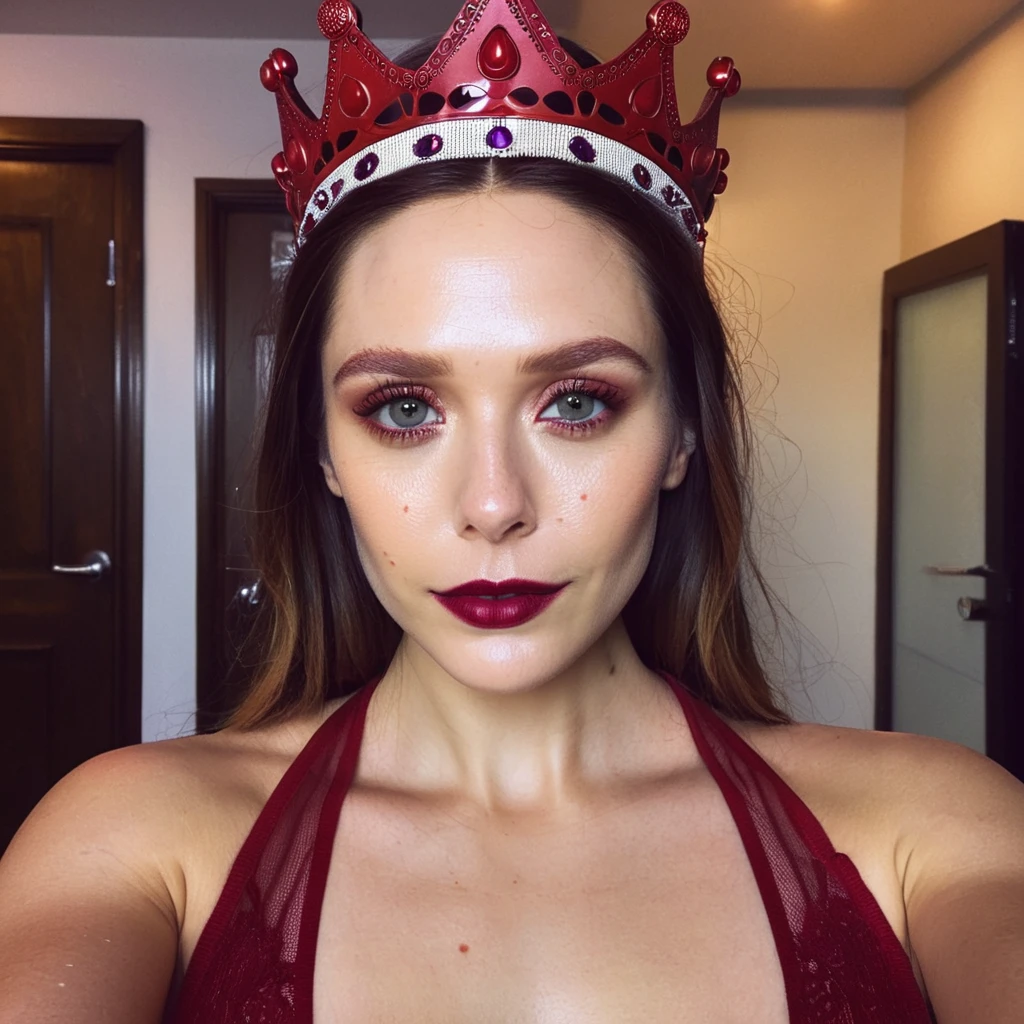 Looking straight at the camera,dimly lit, indoors, skin texture, Instagram closeup selfie of an actress wearing a (delicate crimson red crown), red bodysuit, red lipstick,purple eye-shadow, pretty, f/1.8, elixolsen, <lora:eliolsen_juggerX_xl_8_standard_wocap_merger_lastmodel_120_04_06-elixolsen:0.9>