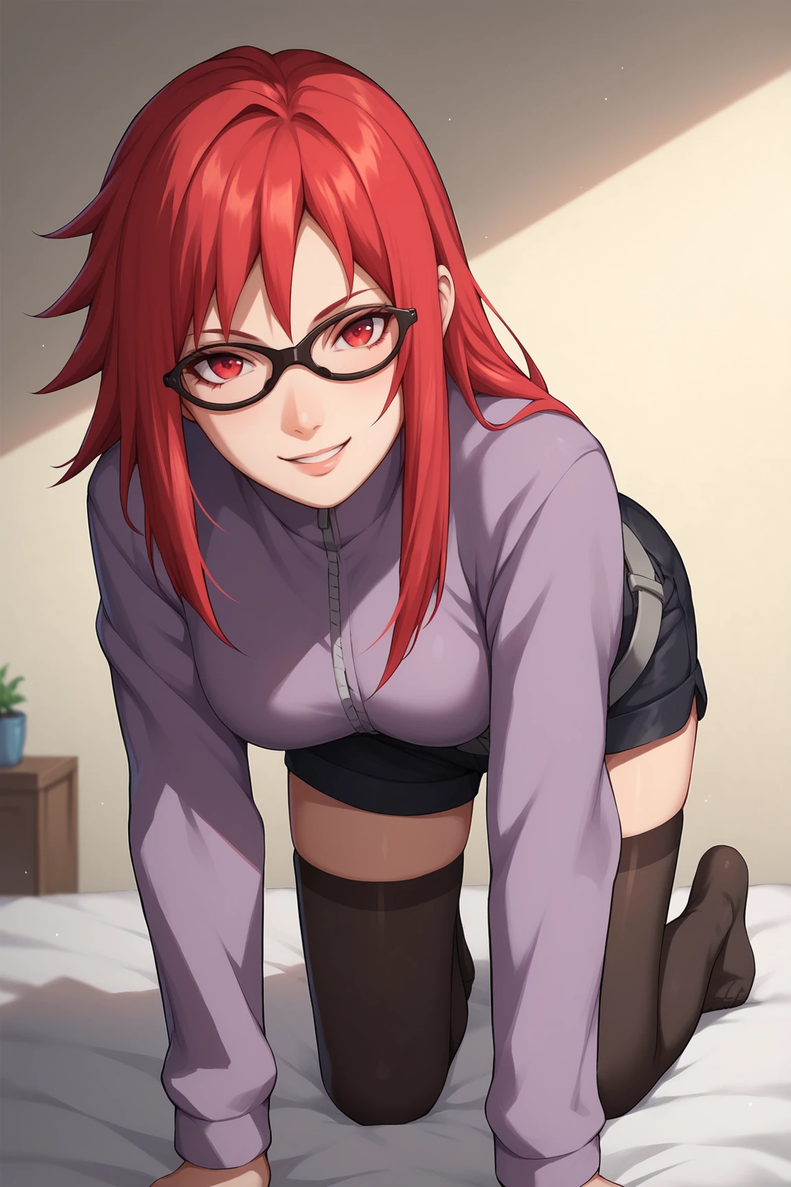 score_9, score_8_up, score_7_up, score_6_up, score_5_up, score_4_up, KarinUzumakiSXL, black glasses, red eyes, red hair, two-tone hair, long hair, sidelocks, medium breasts, purple jacket, grey belt, black shorts, black thighhighs, (solo), all fours, seductive smile, looking at viewer, indoors <lora:KarinUzumakiSXL:0.8>