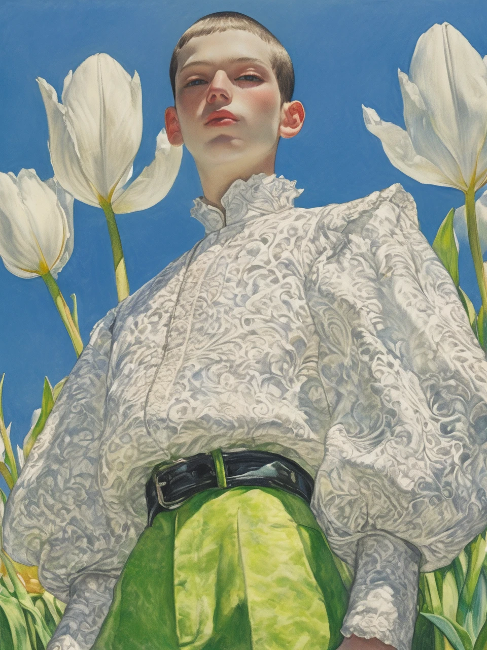 A young person with short hair,wearing a white ornate high-collared shirt and bright green pants. They stand confidently with hands on their hips against a background of white tulips and a clear blue sky. The expression is calm and composed,
ddpapa,<lora:Detail_Adamov_V1:0.7>,, masterpiece, best quality,