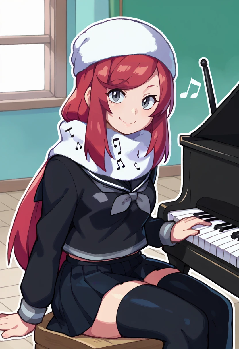 score_9, score_8_up, score_7_up, source_anime BREAK solo, 1girl, <lora:Airiban-pdxl_Fp:1>, airiban, red hair, grey eyes, long hair, beanie, school uniform, black serafuku, scarf, musical note print, skirt, thighhighs, smile, piano, playing piano, sitting,