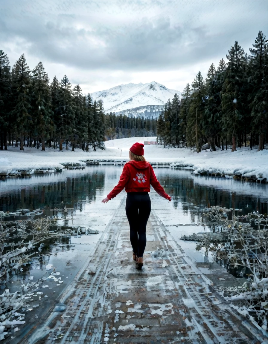 (sharp focus, 8K Resolution, golden hour, light leak, real life:1.4)shot from behind, petite gorgeous brunette white girl, (((narrow waist, insanely wide hips, insanely big ass))), jumping for joy, happy, showing off her ass, in a SNOWY LANDSCAPE, beanie, sweater, (black spandex leggings), <lora:EnvyZoomSliderXL01:-2>, sitting on the ground in a field, topless ((snow, winter, snowflakes, trees in the distance, icey pond)) <lora:WhiteScene:0.89> whitescene, snowing, snow, snow everywhere, ice