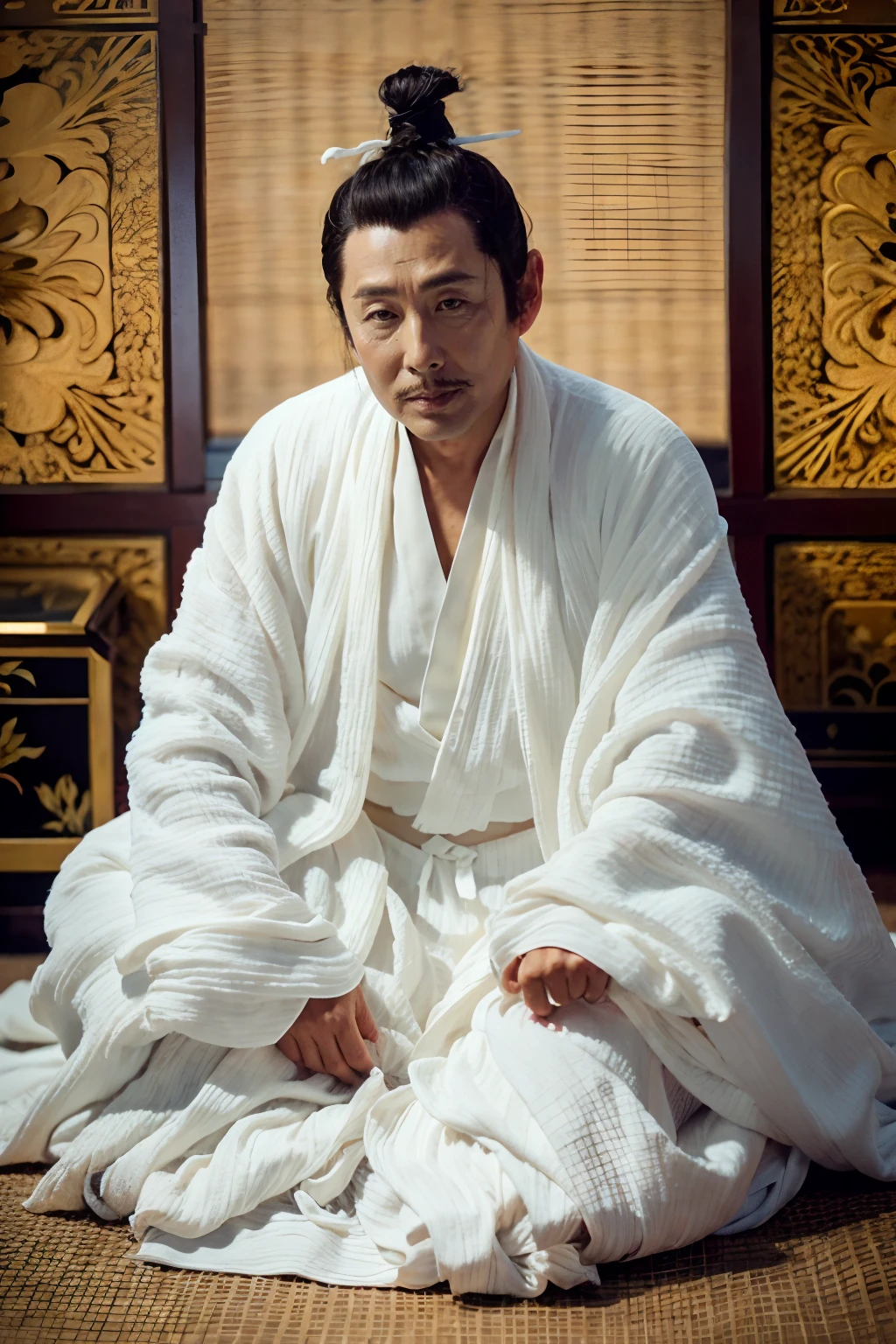 <lora:daoming1.0:0.75>,daoming,1boy,portrait,topknot,hair stick,looking at viewer,
hanfu,white chinese clothes,
sitting,crossed legs,on ground,
simple background,
masterpiece,best quality,ultimate details,highres,8k,wallpaper,extremely clear,