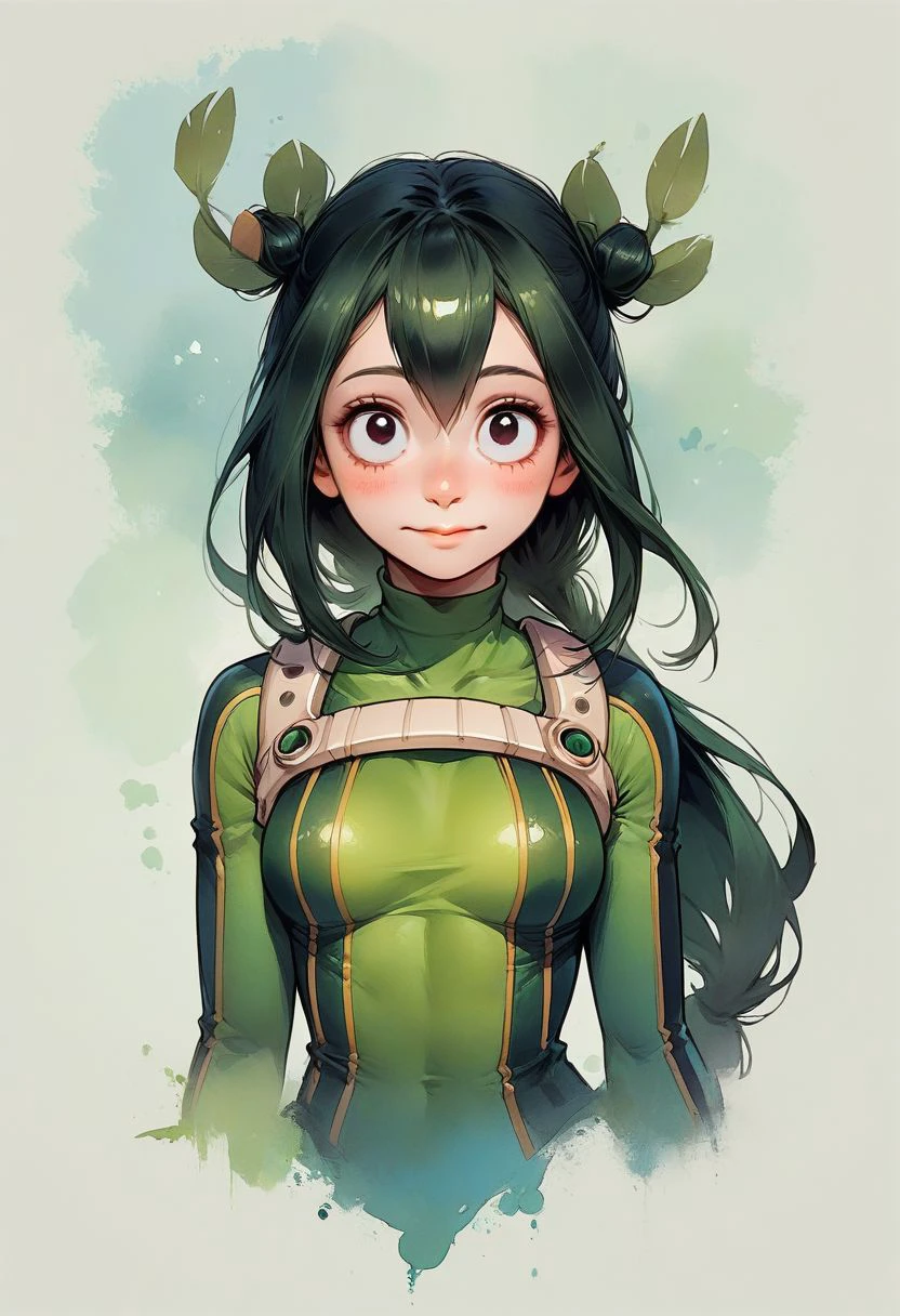 Faded Headshot, faded bottom, faded edges ,score_9,score_8_up,score_7_up,score_6_up,score_5_up, rating_safe,
1girl, Tsuyu Asui, \(My Hero Academia\)/,(ultra HD quality details), long hair, black hair, black eyes, low-tied long hair, hair rings,
gloves, bodysuit, green bodysuit,
(skinny), cute, firm breasts, (petite girl),  pretty girl, vivid colors, 
beautiful, centered, looking at the camera, approaching perfection, dynamic, moonlight, highly detailed, watercolor painting, artstation, concept art, smooth, sharp focus, illustration, 
small breasts, deep cleavage,