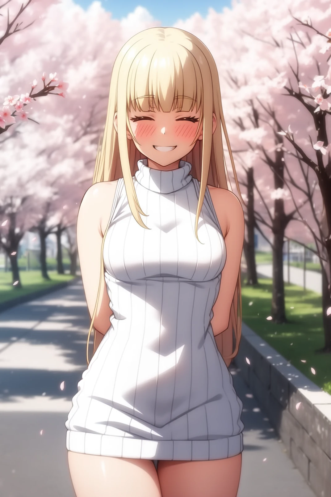 solo, masterpiece, best quality, outdoors, street, cherry blossoms, cowboy shot, standing, blush, smile, grin, looking at viewer, Izumi, closed eyes, blonde hair, long hair, blunt bangs, ribbed sweater, sweater dress, turtleneck, sleeveless, arms behind back 