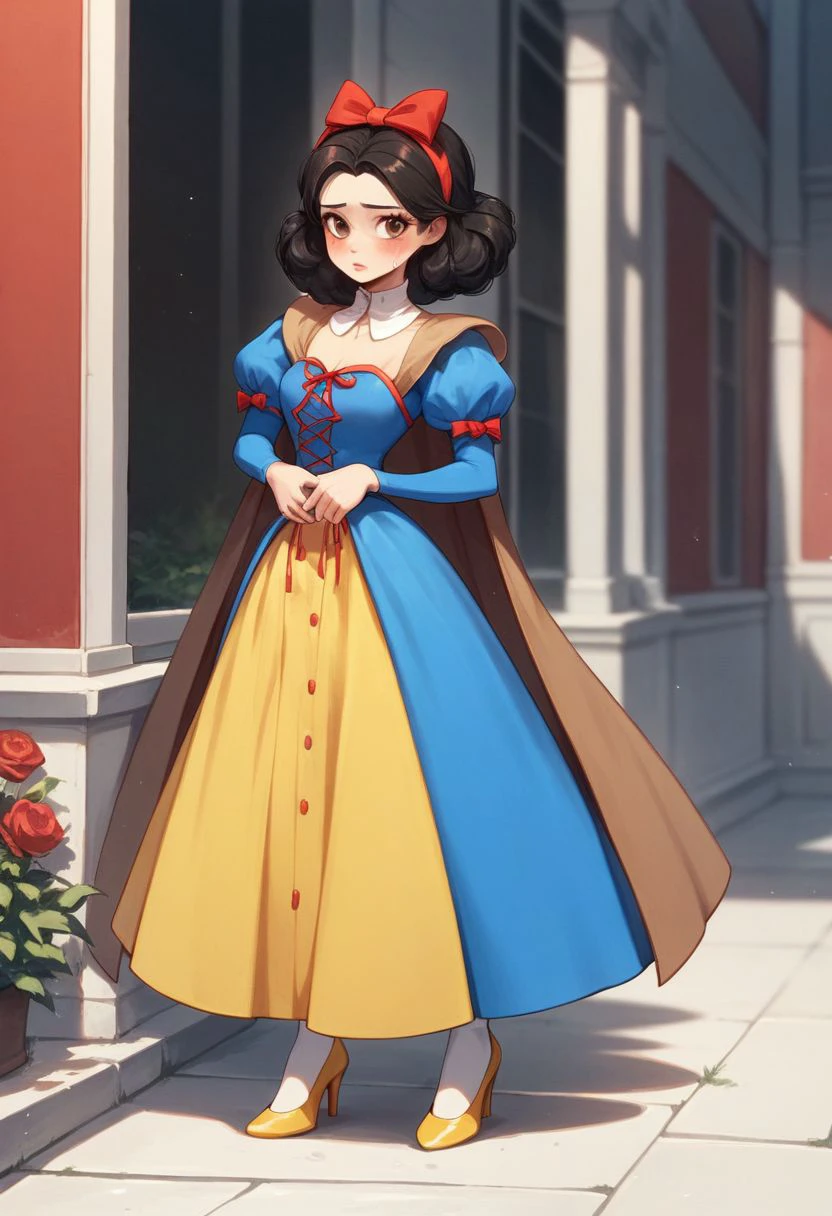 score_9,score_8_up,score_7_up, 
1girl, Snowwhite, Disney, \(Snow White and the Seven Dwarfs\)/,(ultra HD quality details), brown eyes, black hair, bobbed hair, pale skin, rosy red lips, rosy cheeks
blue sleeves with red slashing, puffy sleeves, yellow skirt, laced petticoat, white stockings, dress, white collar,
brown cape with a red interior, bow-like ribbon, long skirt, high-heeled shoes, yellow shoes,
solo, outdoors, depth of field, blushing, on a date, beautiful, skin tight, tank top, short shorts, sweat,