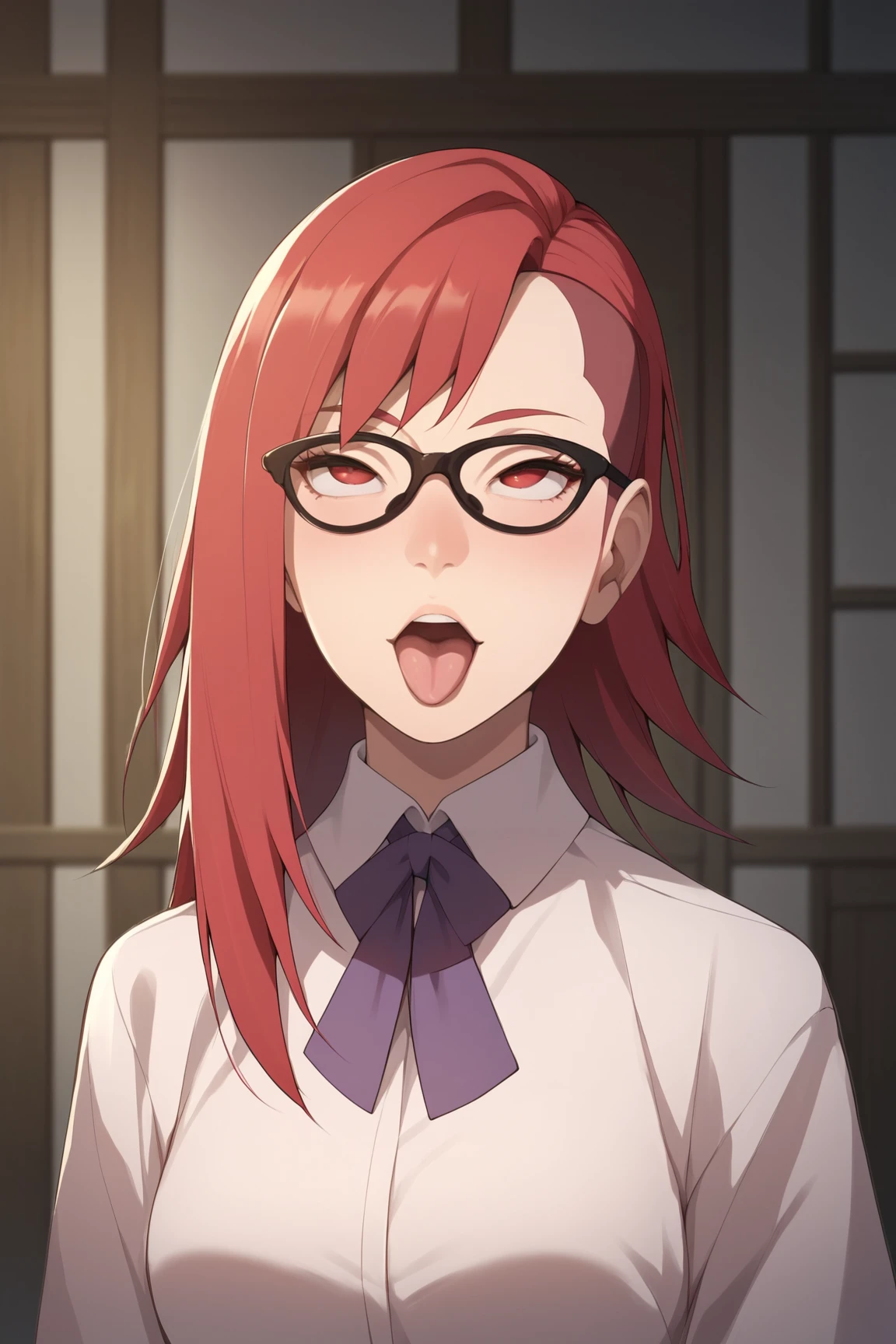 masterpiece, best quality, upper body, solo, 1girl, karinuzumaki, IncrsNeverGonnaGiveUUp, smile, open mouth, looking at viewer, microphone stand, glasses, black jacket, striped shirt <lora:naruto_karinuzumaki-11:0.8> <lora:NeverGonnaGiveUUp:1>