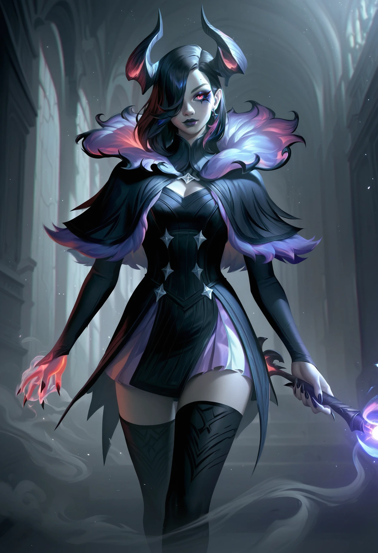 l0lspl4sh, source_anime, score_9, score_8_up, score_7_up, year2024, year2023, 1girl, coven 1girl, coven, West Studio, sixmorevodka, solo, a witch woman is walking down a dark mansion hallway, medium hair, diagonal bangs, hair over one eye, wand, capelet, thighhighs, cowboy shot, rating_safe, frills, fur collar, curled horns, smoke magic, shadow background, blurry foreground, blurry background <lora:L0LSPL4SH_40epochs:1>