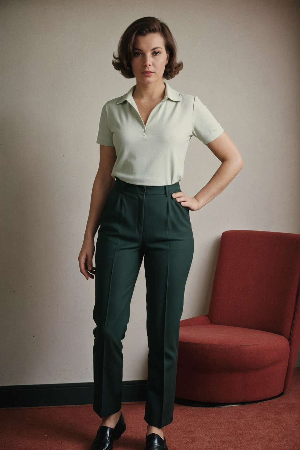 vintage-bond-girl, vintage-photo of a young woman, Casual and comfortable outfit with a polo shirt, tailored pants, and loafers <lora:[UK]_-_Molly_Peters:1> mt-mollypeters