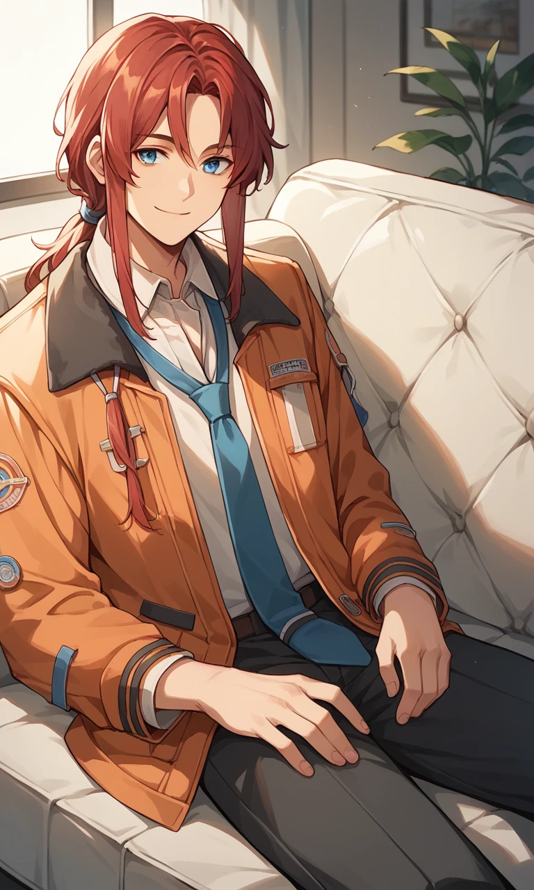 score_9, score_8_up, score_7_up, source_anime, 1boy, solo, randy, red hair, long hair side locks, low tie ponytail, blue eyes, smile, indoors, orange jacket, necktie, sitting on couch, leaning back, arms resting 