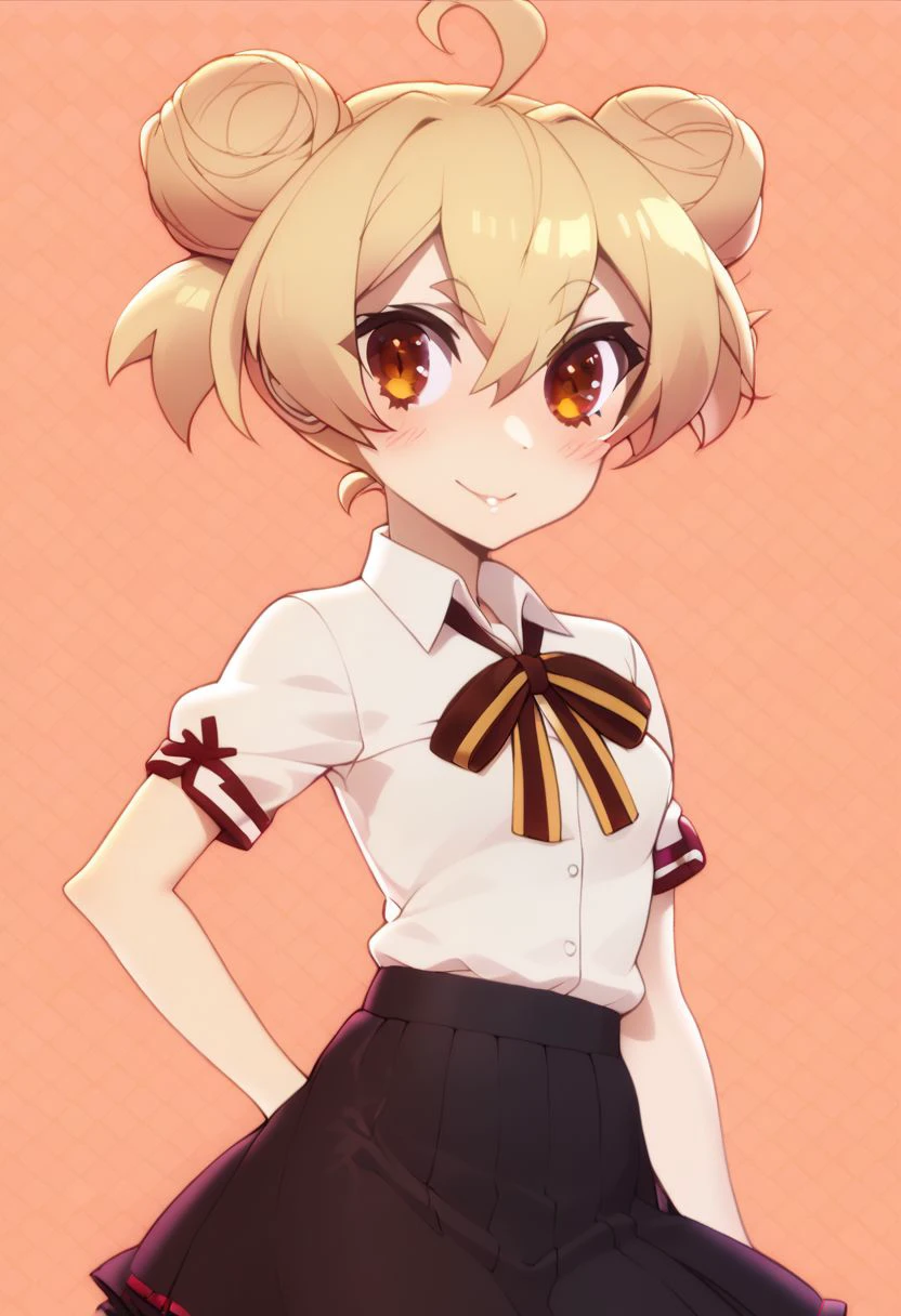 score_9, score_8_up, score_8, medium breasts, (curvy), cute, eyelashes,     
zzNill, 
BREAK,
zzgakumazawatatsuko, bangs, blonde hair, hair between eyes, brown eyes, ahoge, hair bun, double bun, thick eyebrows, school uniform, neck ribbon, white shirt, collared shirt, short sleeves, black skirt,
smile, blush, :3,
abstract background, zigzag pattern in background, 
hand on hip, 
zPDXL,