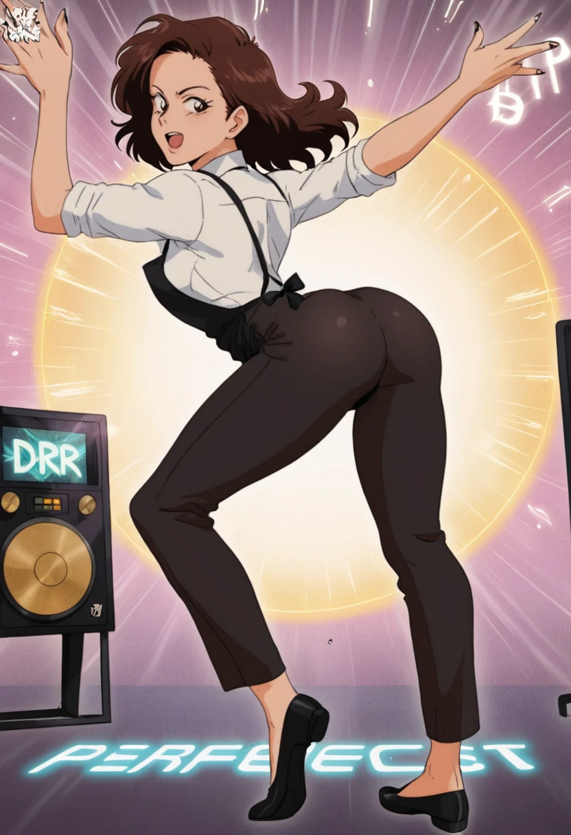 A Retro-style anime illustration of Kobeni Higashiyama from the anime Chainsaw Man is depicted in a dynamic pose, seemingly in the middle of a DDR dance routine. She is wearing a white dress shirt, black apron, and black pants, with black flats on her feet. Her hair is dark and short, and she has a small mole under her left eye. The background is a stylized DDR interface, with notes falling from the top of the screen and a "PERFECT!" graphic in the center.
mature female, solo.
 <lora:Shaded-Retro-Anime:0.8>