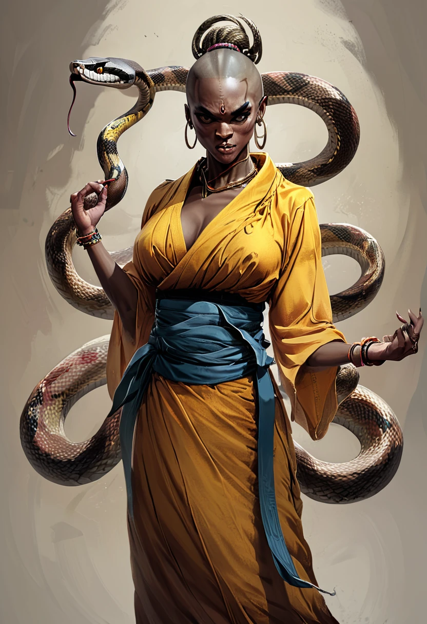 <lora:artfullySNAKEMONK:1>, artsnkmnk, character concept, illustration, snake master, monk, 
masterpiece, intricately detailed, best quality, highest resolution, normal fingers, 
 hands up, sideboob, bracelet, kimono, tongue, single hair bun, sash, breasts, dark skin, ring