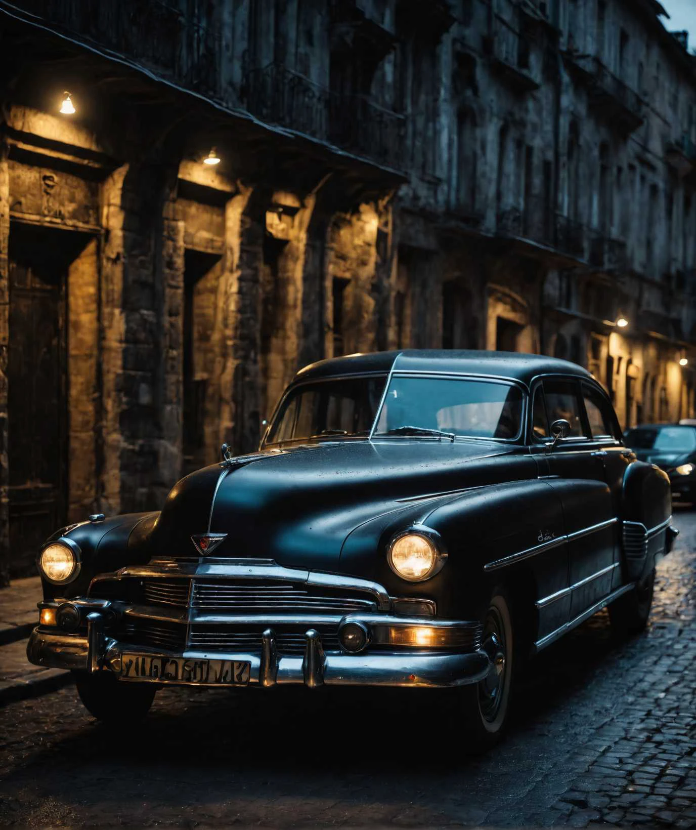 cinematic photo of old black car, perfect environment, dark shot, extremely detailed