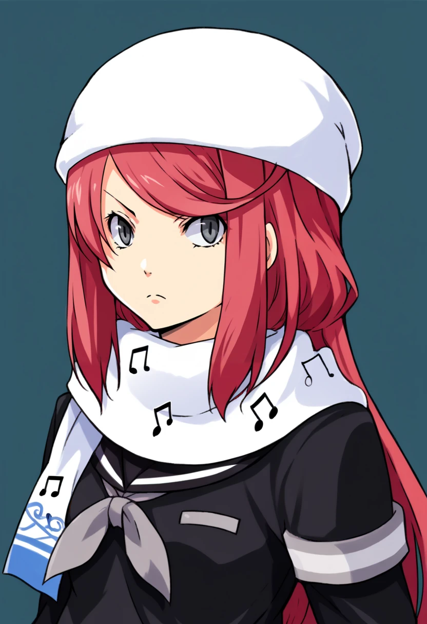 score_9, score_8_up, score_7_up, source_anime BREAK solo, 1girl, <lora:Airiban-pdxl_Fp:1>, airiban, red hair, grey eyes, long hair, white beanie, school uniform, black serafuku, scarf, musical note print, skirt, black thighhighs, <lora:zs_ZeroAzurePortraitsXL:1>, zeroazureportraits, solo, upper body, simple background, upper body, 1girl,