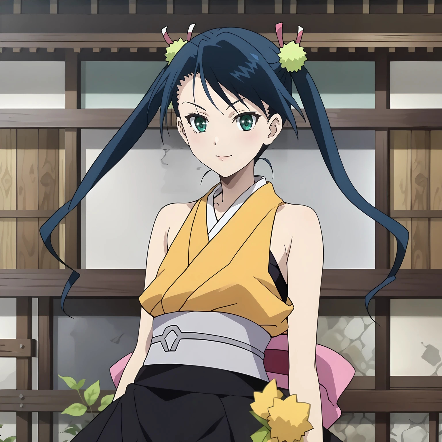 <lora:HibachiXLpony001>,
smile,
solo,
Hibachi,1girl,black blue hair,twintails,green eyes,
yellow kimono,sleeveless,bare shoulders,
obi,pink ribbon,miniskirt,black skirt,