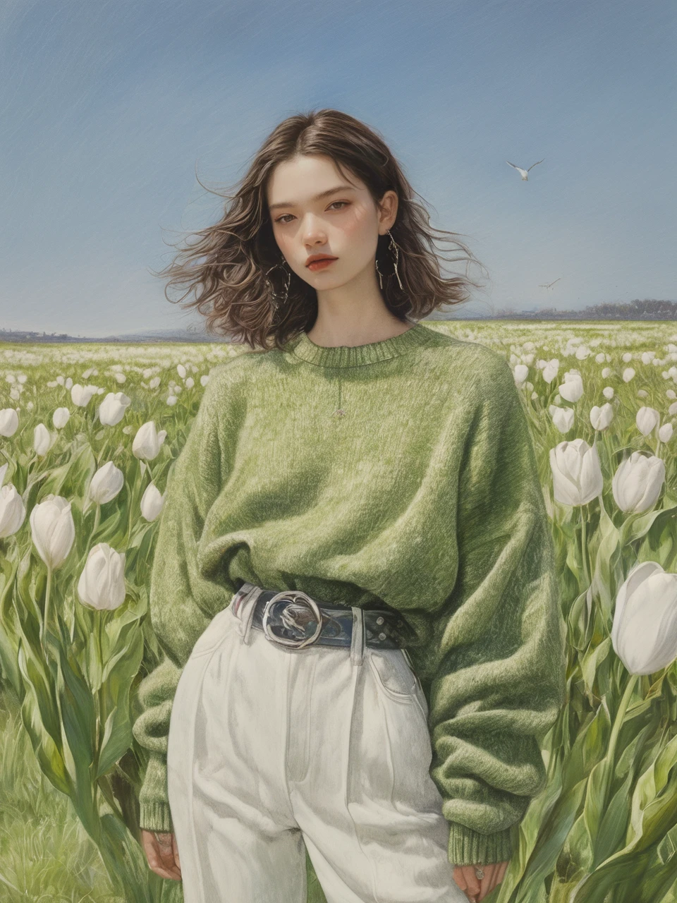 A young person with shoulder-length hair,wearing a light green sweater and white pants. They are standing in a field of white tulips,with the wind blowing through their hair,looking calm and composed against a clear blue sky,
ddpapa,<lora:Detail_Adamov_V1:0.7>,, masterpiece, best quality,