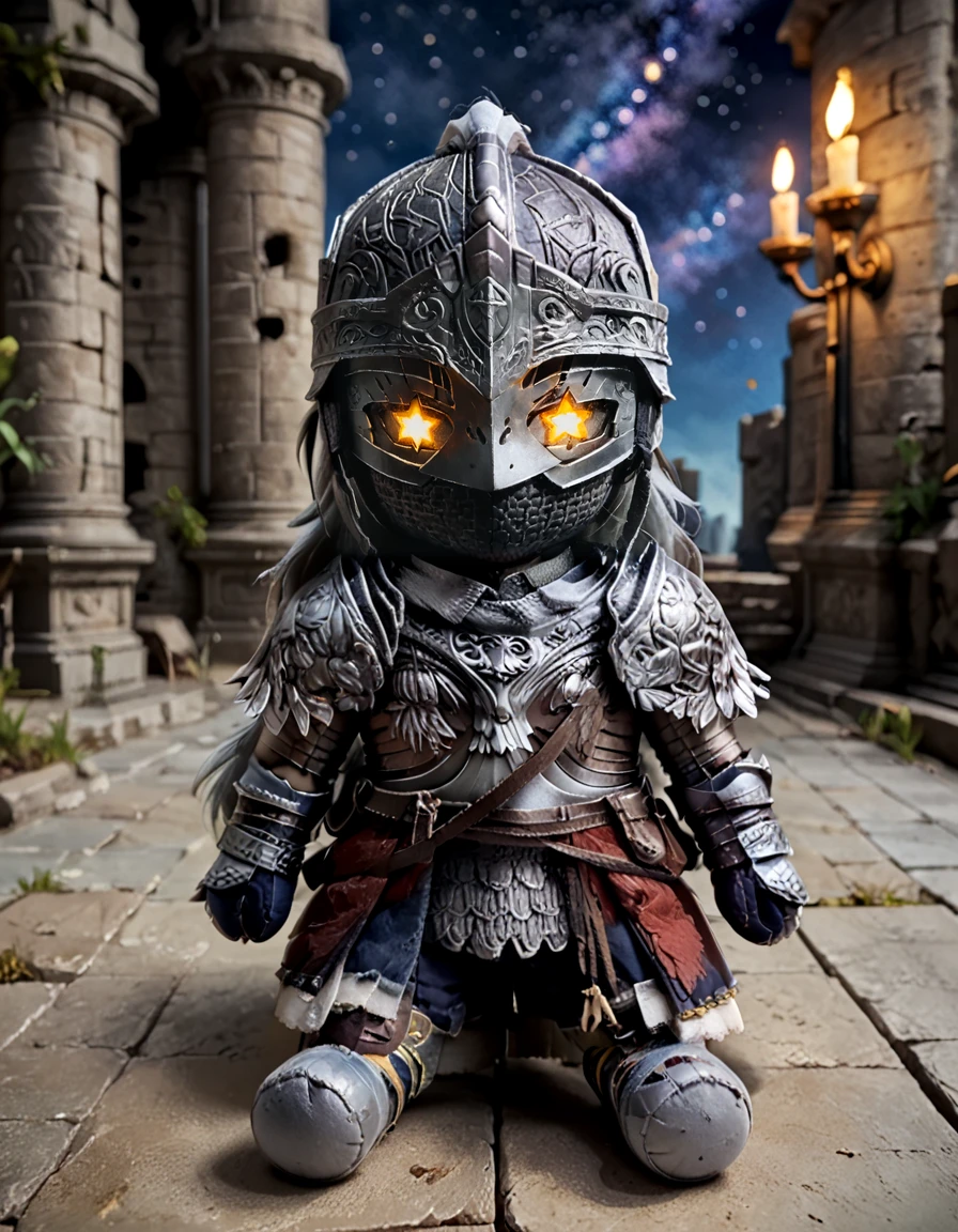 score_9, score_8_up, score_7_up,
1boy wearing rw0lf armor, long grey hair,glowing eyes visible through helmet,
starry sky, 
pov,
castle ruins background,
 <lora:rwolf:0.9>
 <lora:woafu_plushify_pony:0.8> plushify, character stuffed toy, chibi