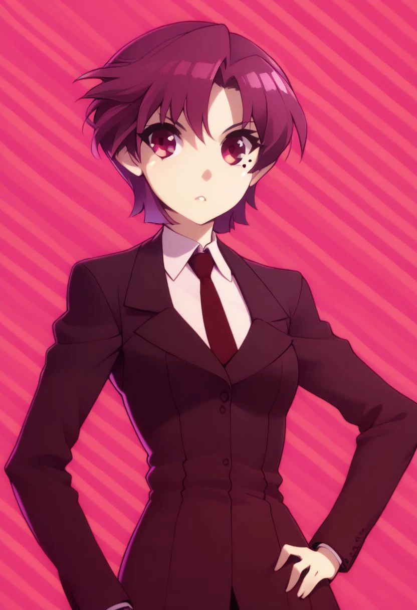 score_9, score_8_up, score_8, medium breasts, (curvy), cute, eyelashes,     
zzNill, 
BREAK,
zzBazett, short hair, purple eyes, purple hair, mole under eye, necktie, formal black suit,
BREAK,
abstract background, zigzag pattern in background, 
hand on hip, 
zPDXL,