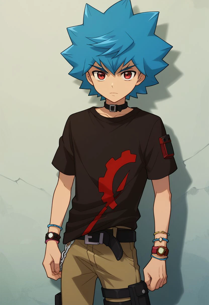 score_9, score_8_up, score_7_up, source_anime, highly detailed, 
luke, 1boy, male focus, solo, blue hair, spiked hair, belt, t-shirt, jewelry, shirt, printed t-shirt, black t-shirt, bracelet, pants, red eyes, 
outdoor,