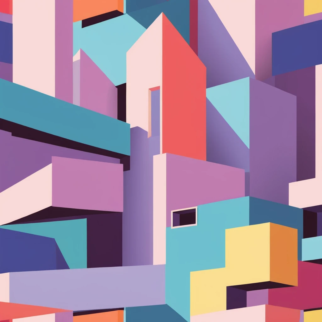 Abstract geometric building shapes, contemporary architecture, colorful blocks and angled structures, modern illustration style  <lora:Flat-XL:0.8>