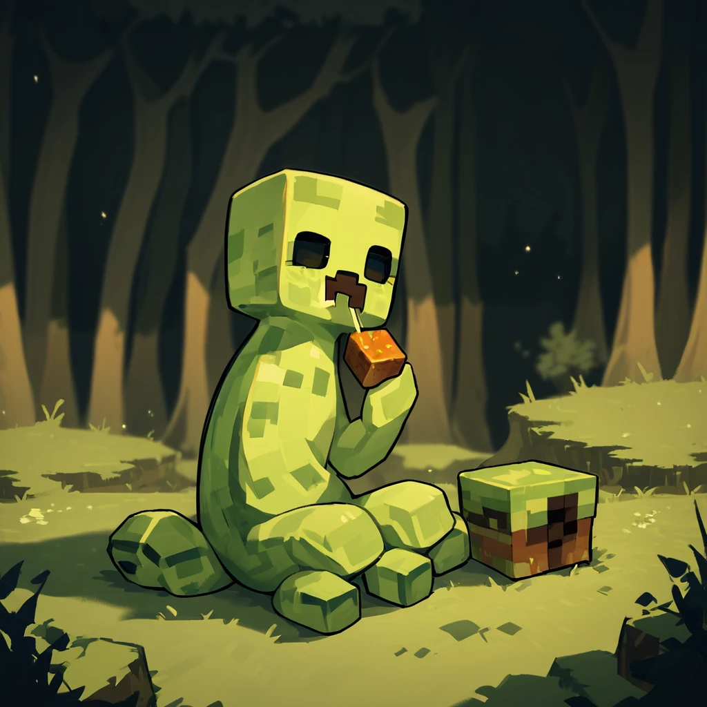 score_9, score_8_up, score_7_up, score_6_up, score_5_up, score_4_up, source_anime,  mcCreeper, minecraft, creature, forest, sitting, eating