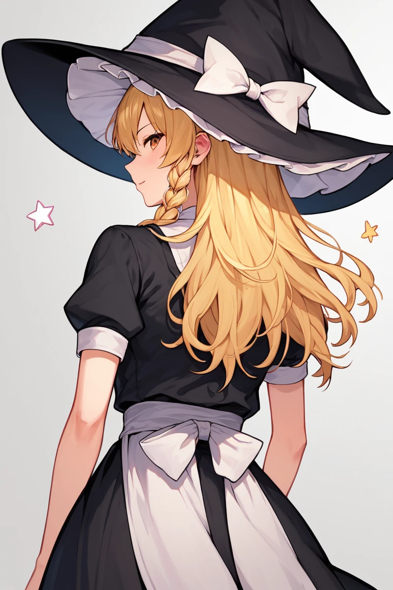 score_9, score_8_up, score_8, score_9, 1 girl,  source_anime, <lora:kirisame_marisa_pony-10:0.8> kirisame marisa,  blonde hair, witch hat, white ribbon, black skirt, black shirt, short sleeves, waist apron, [star \(symbol\)], cowboy shot, from behind