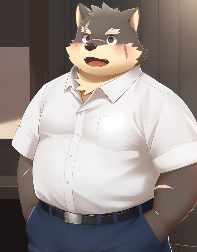 (((detailed eyes, detailed face))), (furry, moritaka <lora:character_moritaka_findigo_v1:0.9>, two-tone fur, dog boy, snout, black eyes, scar, tattoo), male, (solo), (plump, fat, chubby, overweight), ((white shirt, collared shirt), blue pants), standing, (arms behind back), smile, (front view) BREAK (konzaburou, ukan_muri), bedroom, (flat shading, high brightness), 8k, UHD, masterpiece, (full body), (scar on face, scar on cheek, scar on chest, scar on arm, scar on nose)