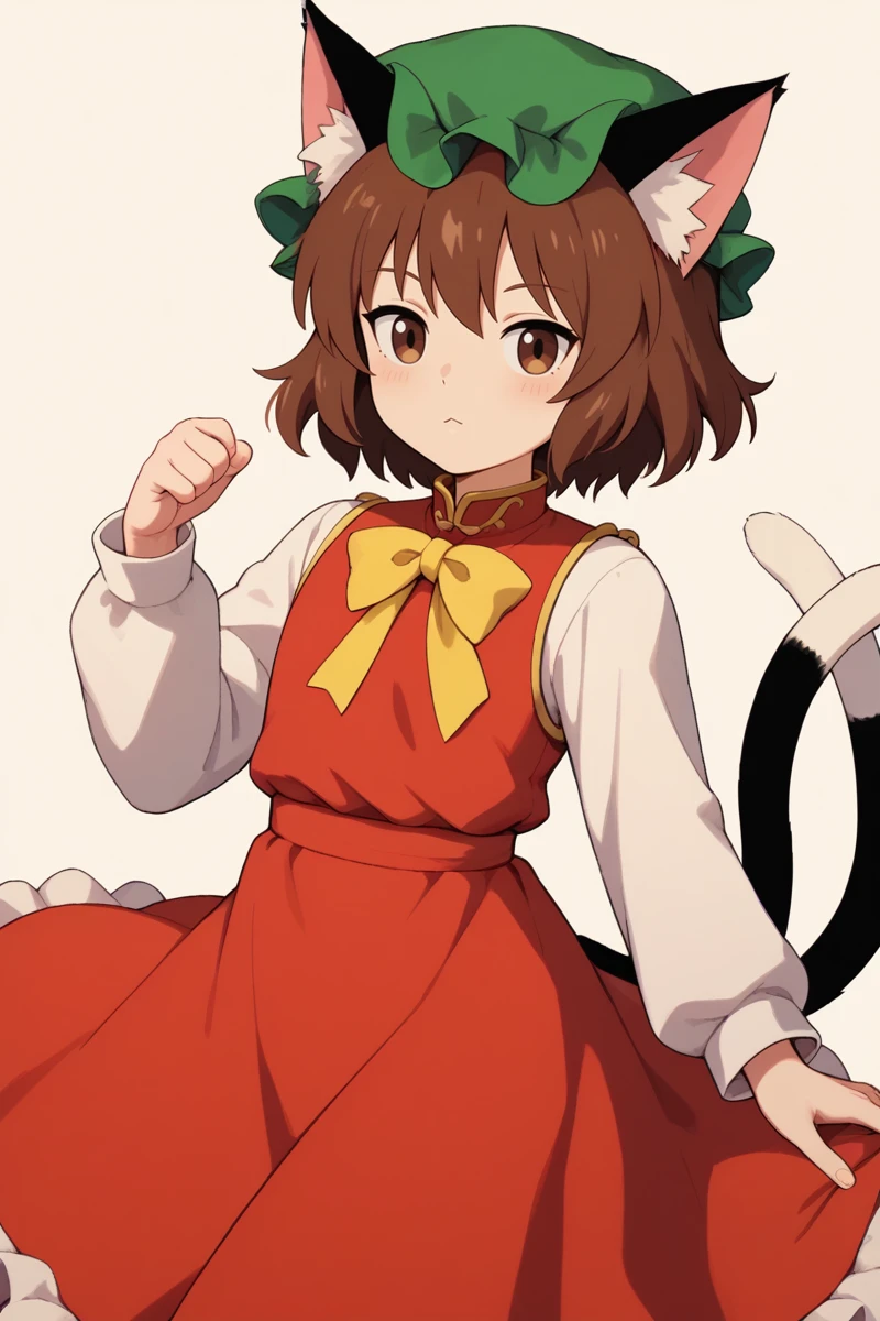 score_9, score_8_up, score_8, score_9, 1 girl,  source_anime, <lora:chen_pony-10:1>, chen, brown hair, brown eyes, cat ears, red dress, long sleeves,  green hat, mob cap, two tails, flat chest, white_sleeves, yellow ribbon, frills,  <lora:gh1bl1XLP:0.8> gh1bl1