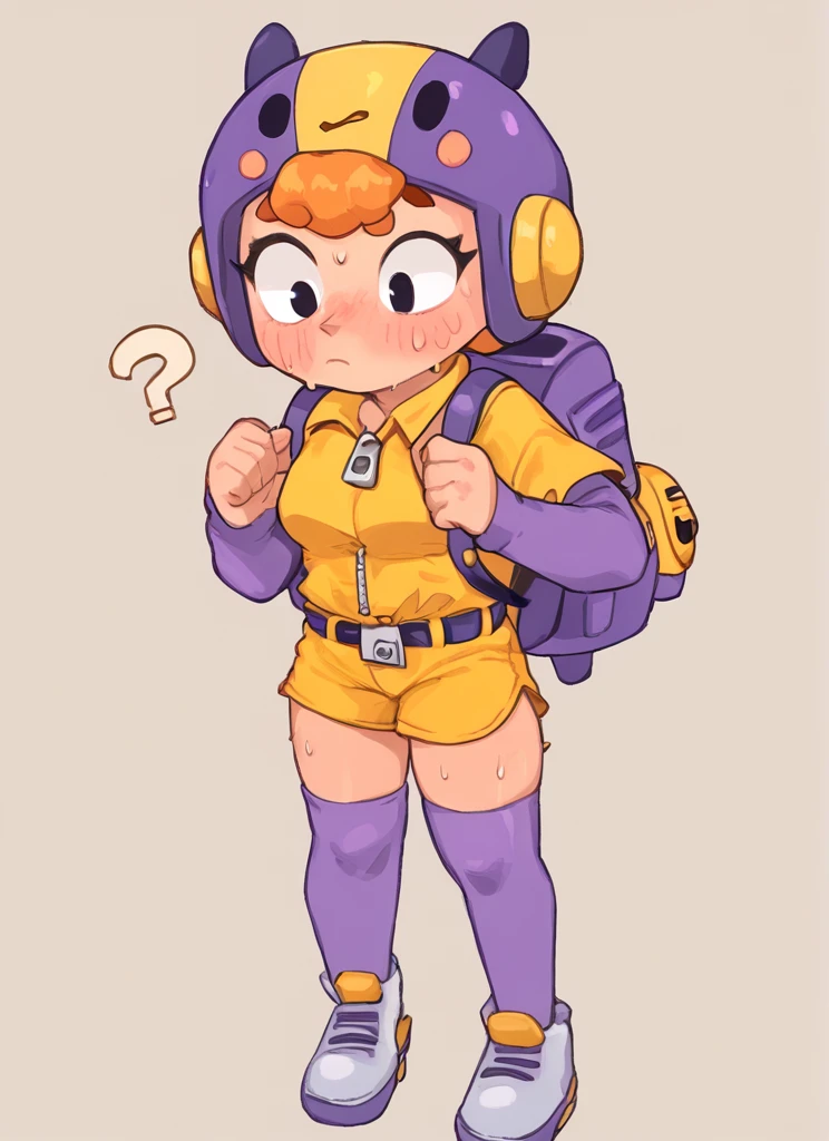 score_9, score_8_up, score_7_up,  solo , <lora:bsbea:1> 1 girl , bsbea ,orange hair , short hair ,  helmet , yellow shirt  ,purple sleeves, belt , zipper, fringe ,  long stockings ,yellow shorts  <lora:PossumMachine:1>posmach , full body,  ,medium breasts , confused, blush, backpack,  sweat,