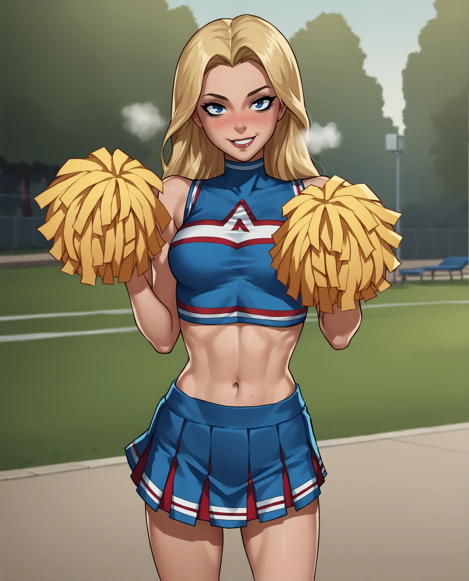 score_9, score_8_up, score_7_up, source_cartoon BREAK 1girl, blonde hair, long hair, blue eyes, looking at viewer, blush, hetero, star (symbol), navel, standing, <lora:Stargirl_Courtney_Whitmore:1>, midriff, bedroom, heavy breathing, cheerleader, pleated skirt, sleeveless, mascara, outdoors, park, solo, sexy, seductive, innocent, crop top, miniskirt, tight clothes, smile, rating_questionable