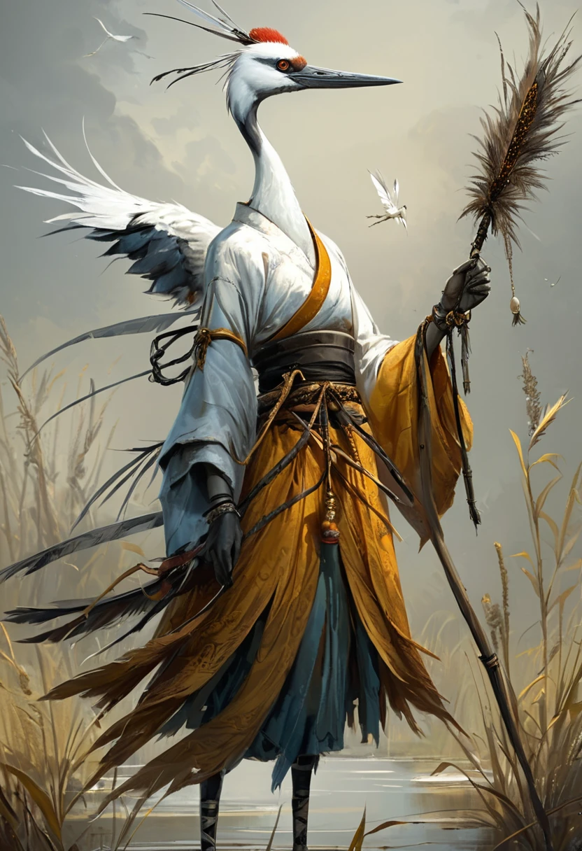 <lora:artfullyCRANEMONK_SDXL_v1:1>, artcrnmnk, character concept, illustration, crane master, monk, 
masterpiece, intricately detailed, best quality, highest resolution, normal fingers, 
dress, nature, bandages, belt, arm behind back, feathers, sarashi, jewelry, broom, dragonfly,
two arms, two legs