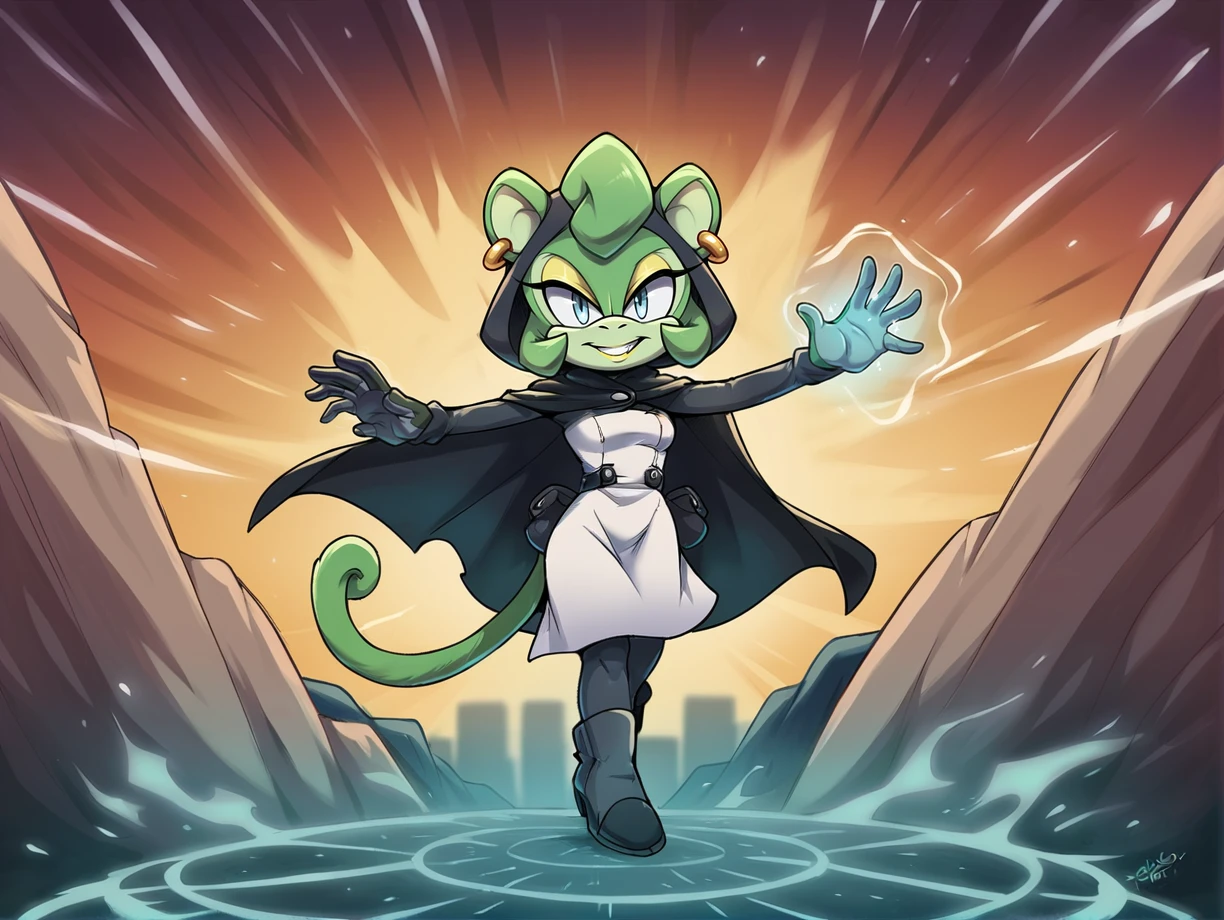 score_9, score_8_up, score_7_up, score_6_up, score_5_up, score_4_up, source_furry, rating_safe, <lora:Claire_Voyance_Sonic_PonyXL:0.6> claire voyance, solo, clothing, mammal, ear piercing, piercing, anthro, green body, cloak, footwear, green fur, fur, topwear, green hair, monkey, howler monkey, tail, curled tail, mobian, female, sonic the hedgehog (comics), yellow lipstick, yellow eyeshadow, sonic the hedgehog (series), blue eyes, detailed background, on a starship, science fiction, short stack, small breasts, action pose, magic, magic user, psychic powers,