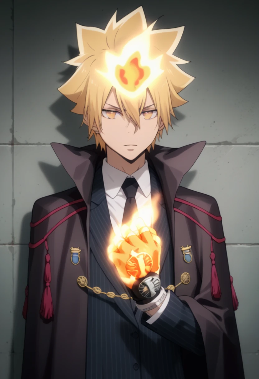 score_9, score_8_up, score_7_up, score_6_up, highly detailed, masterpiece, best quality,detailed,intricate details, amazing quality, best aesthetic, absurdres, giotto, blonde hair, orange eyes, flame on head, gloves,
black necktie,
formal,
jacket,
1boy,
necktie,
shirt,
white shirt,
collared shirt, flames on hands, fight posture<lora:EMS-391459-EMS:1.000000>, <lora:EMS-373804-EMS:0.800000>