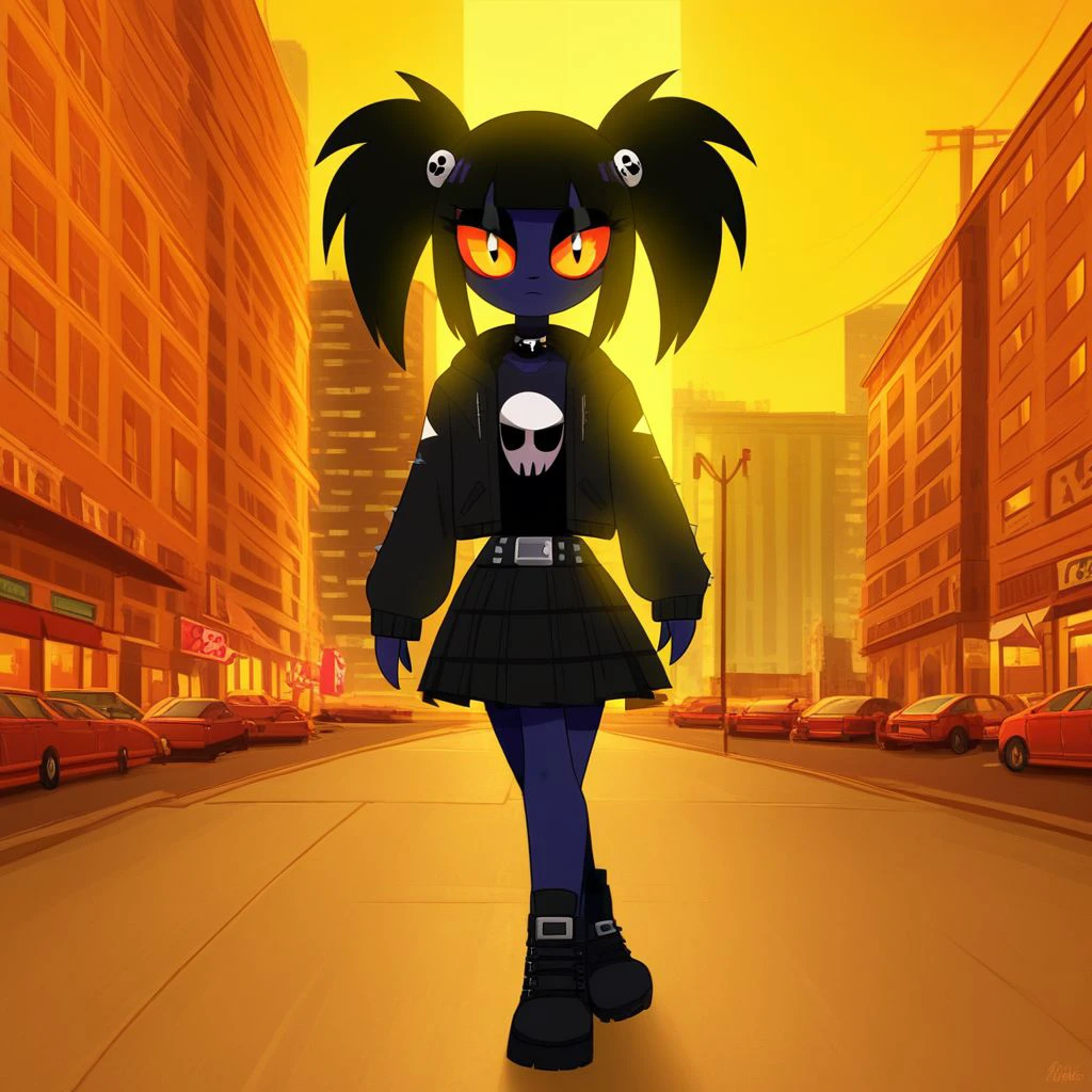 walking in a city, close up, sclera eyes, 1girl, mini skirt, goth girl, vehicle focus