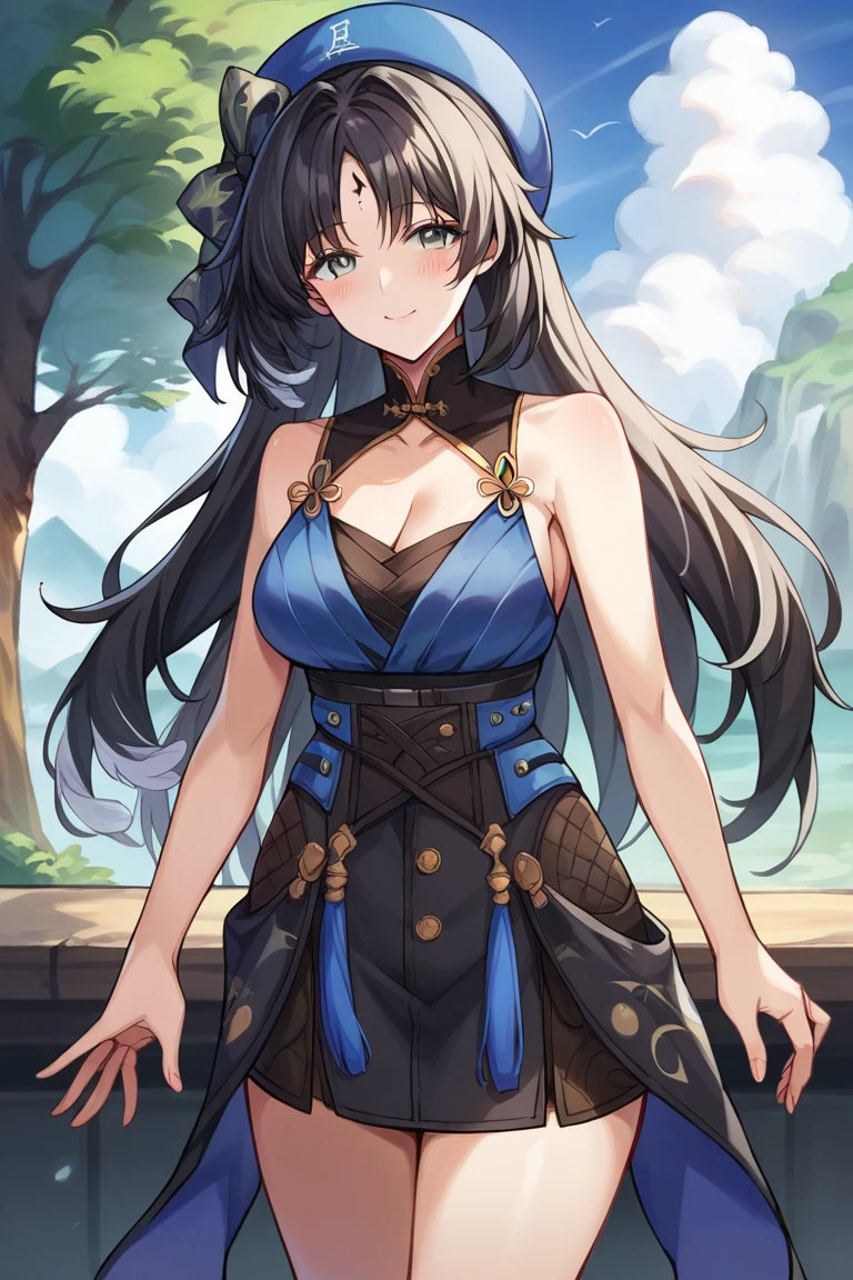 score_9, score_8_up, score_7_up, score_6_up, score_5_up, score_4_up, rating_questionable, , source_anime, digital illustration, pixiv, fanbox, uncensored, , BREAK, official art,
1girl, solo, mature female, yangyang, long hair, grey eyes, black hair, hat, blue headwear, forehead mark, hair intakes,
sleeveless, blue dress, cleavage, , blush,, single glove, black skirt, , light smile, , outdoors , cowboy shot, looking at viewer, colorful, vivid,,   <lora:YangYang_Pony-10:0.8>