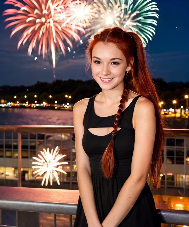 Fit college woman red long wavy hair braided pigtails at festival with Farris wheel in background happy fun crowd and fireworks