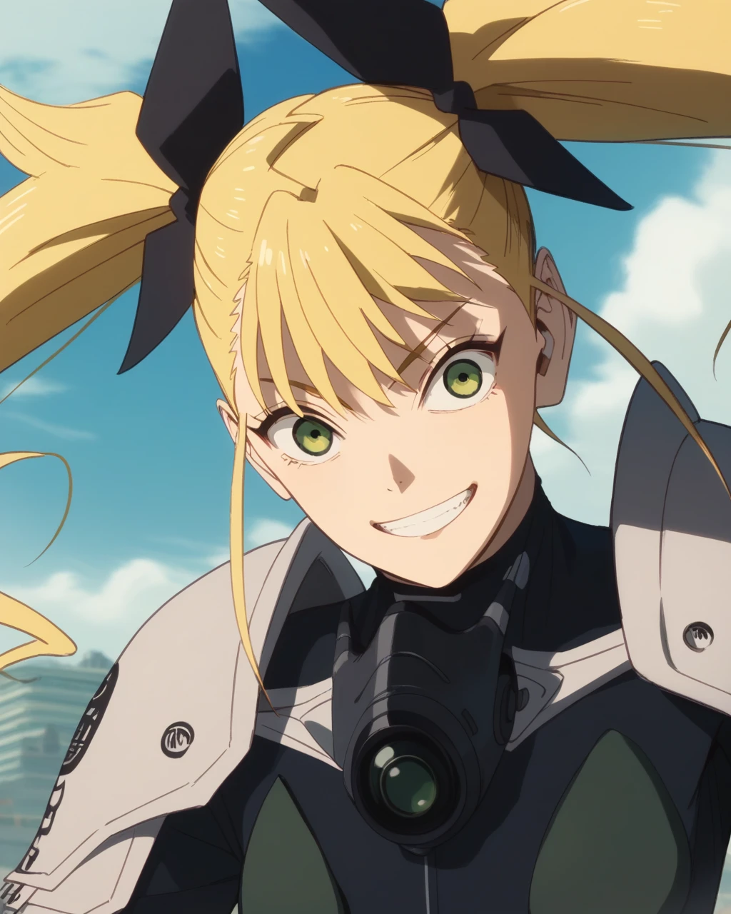 score_9, score_8_up, score_7_up, score_6_up, score_5_up, score_4_up, source_anime, screenshots, kikoru, 1girl, blonde hair, twintails, green eyes, hair ribbon, black ribbon, bangs, bodysuit, armor, <lora:KikoruShinomiya_PonyXL-000025:1>, upper body, smile